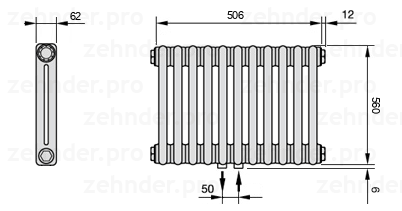 Схема (чертеж) Радиатор Zehnder Charleston 2056/11 №5410 Белый глянцевый RAL 9016